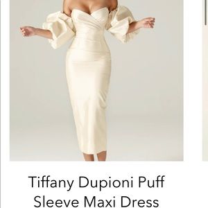 Beige Alieva Evening Dress - Bardot Strapless Dress with Sleeve Puffs NWT